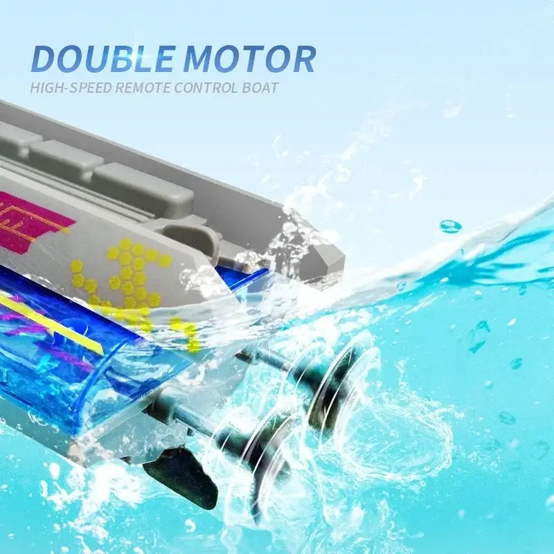 electric remote control speedboat featuring double motor design for high-speed control in water.