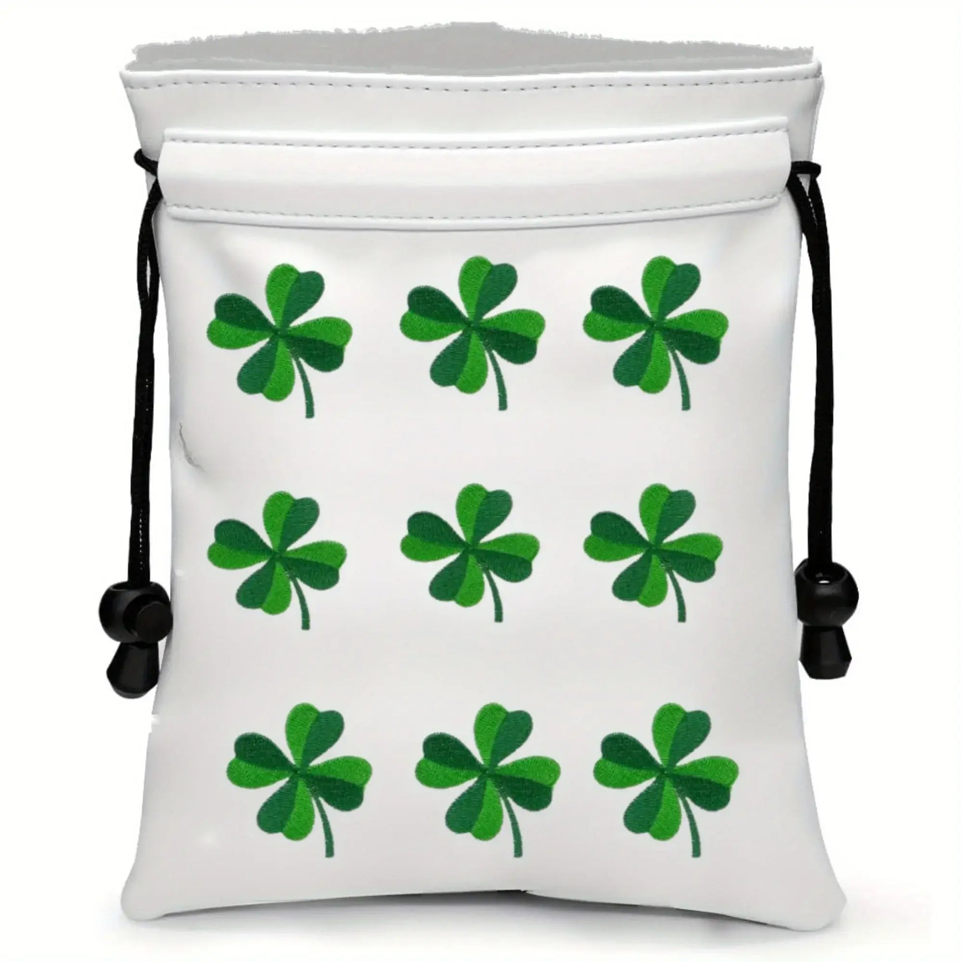 Golf valuables pouch featuring a stylish embroidered clover design on a white background.
