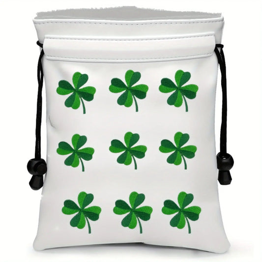Golf valuables pouch featuring a stylish embroidered clover design on a white background.
