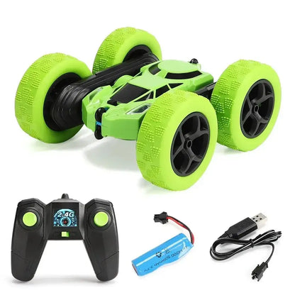 RC Stunt Car Children Double Sided with remote controller, battery, and USB charging cable.