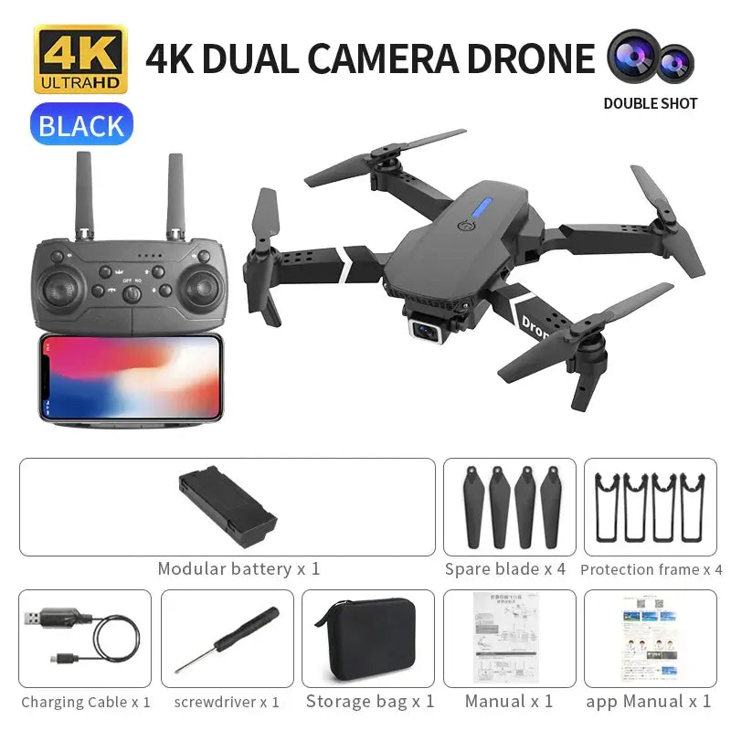 professional mini drone with obstacle avoidance, 4K dual camera drone shown with remote and accessories