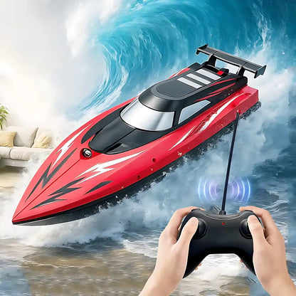 High-Speed RC Boat for Kids, Waterproof 27MHz Dual Motor racing through waves with remote control in hand.