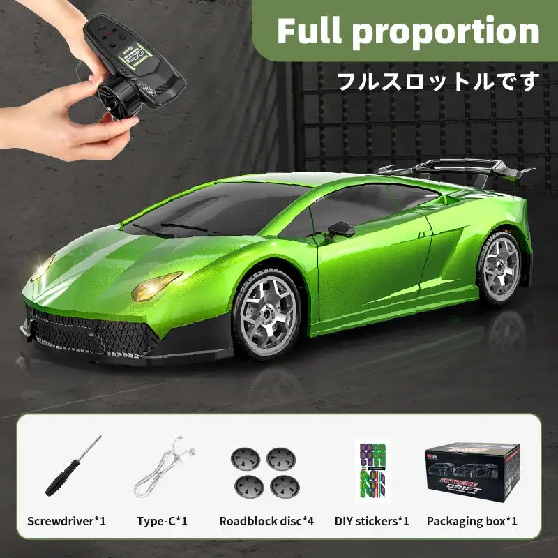 Kids remote control drift car in green color with controller, showcasing full proportion and included accessories.
