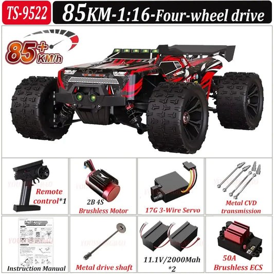 85 kmh RC Car featuring brushless motor, remote control, and four-wheel drive capabilities for high-speed racing.