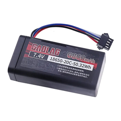18650 Li-ion Battery 7.4V 6800mAh showcasing product specifications and available connectors.