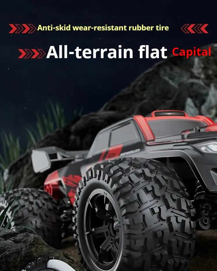 High-speed 4WD RC truck showcasing all-terrain flat tires and anti-skid rubber design for robust performance.