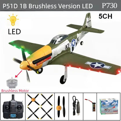 RC Plane P51D Mustang showcasing brushless motor and LED lights for enhanced flying experience.
