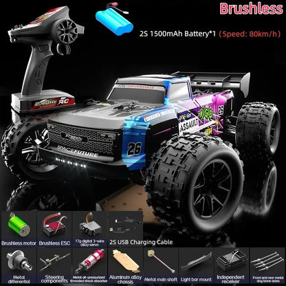 RC Car 90KMH High Speed Brushless Four-Wheel Drive with 2S 1500mAh battery and remote control features.