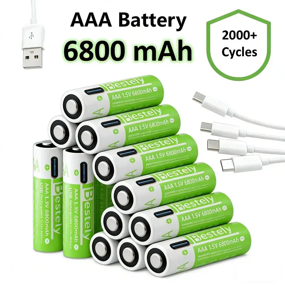Rscrola AAA Rechargeable Battery 6800mAh with USB charging and 2000+ cycles for home energy use.