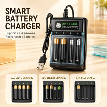 1.5V USB 4 Slots Charger for independent charging of AA alkaline batteries, featuring slots for 1-4 batteries and USB connectivity.