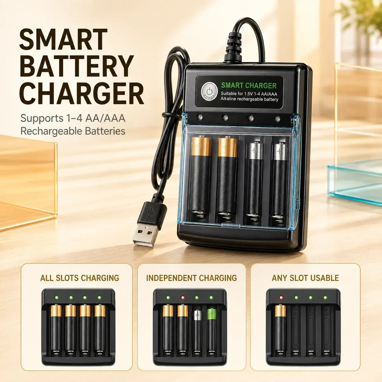 1.5V USB 4 Slots Charger with independent charging for AA alkaline batteries, perfect for efficient battery management.