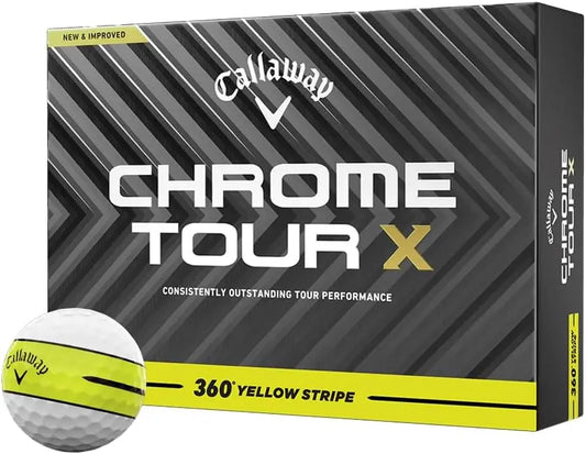 Chrome Tour X 360 Stripe Golf Balls packaging with yellow stripe design, showcasing premium performance and distance.