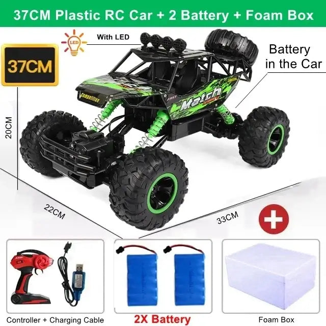 RC Car Remote Control Climbing Vehicle with accessories, including 2 batteries and foam box, designed for outdoor adventures.
