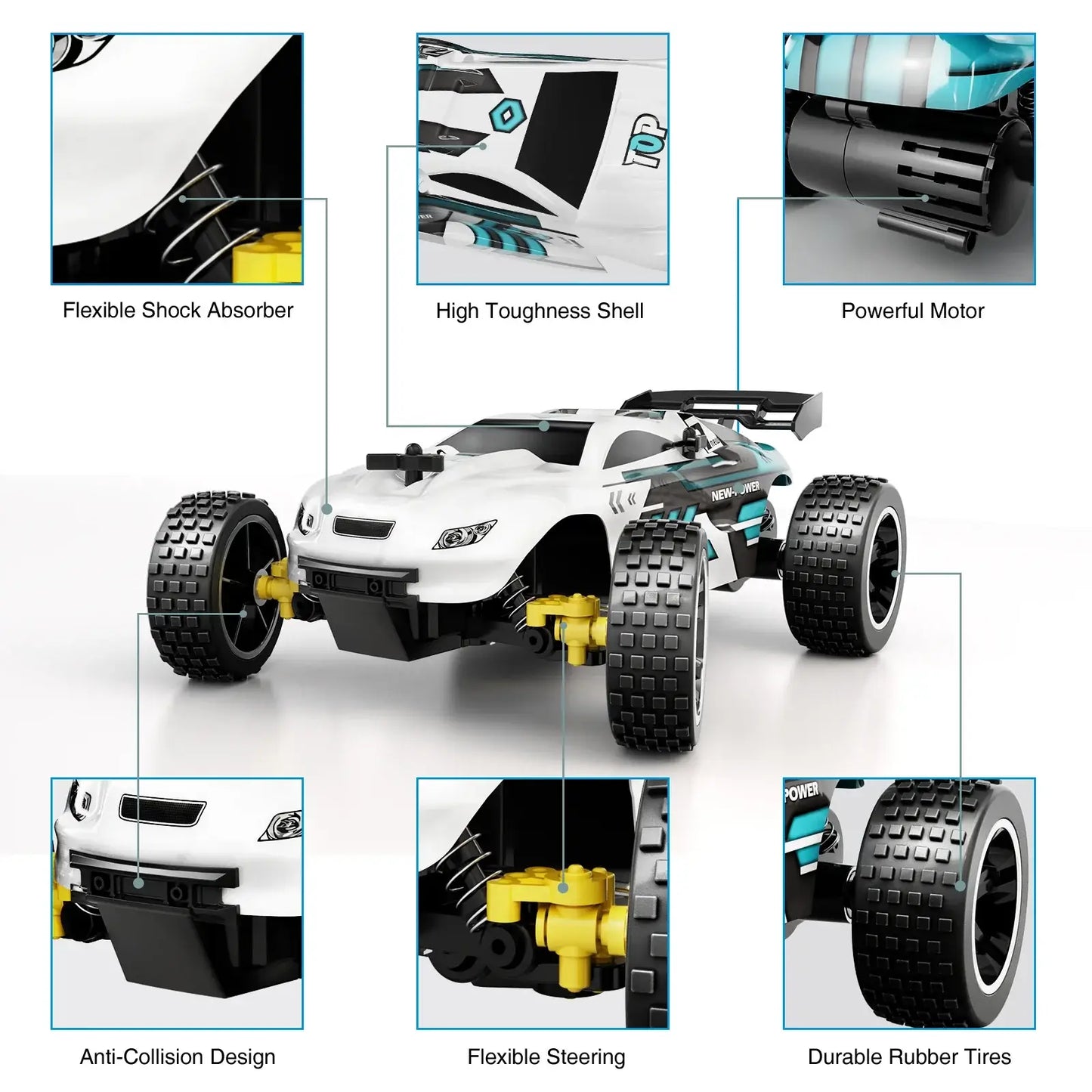 High-speed remote control car showcasing flexible shock absorber, tough shell, powerful motor, and durable rubber tires.