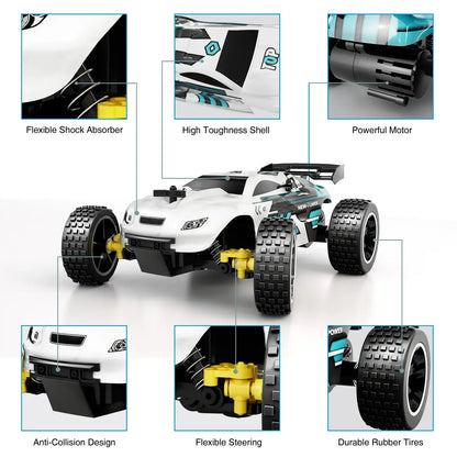 High-speed remote control car showcasing flexible shock absorber, tough shell, powerful motor, and durable rubber tires.