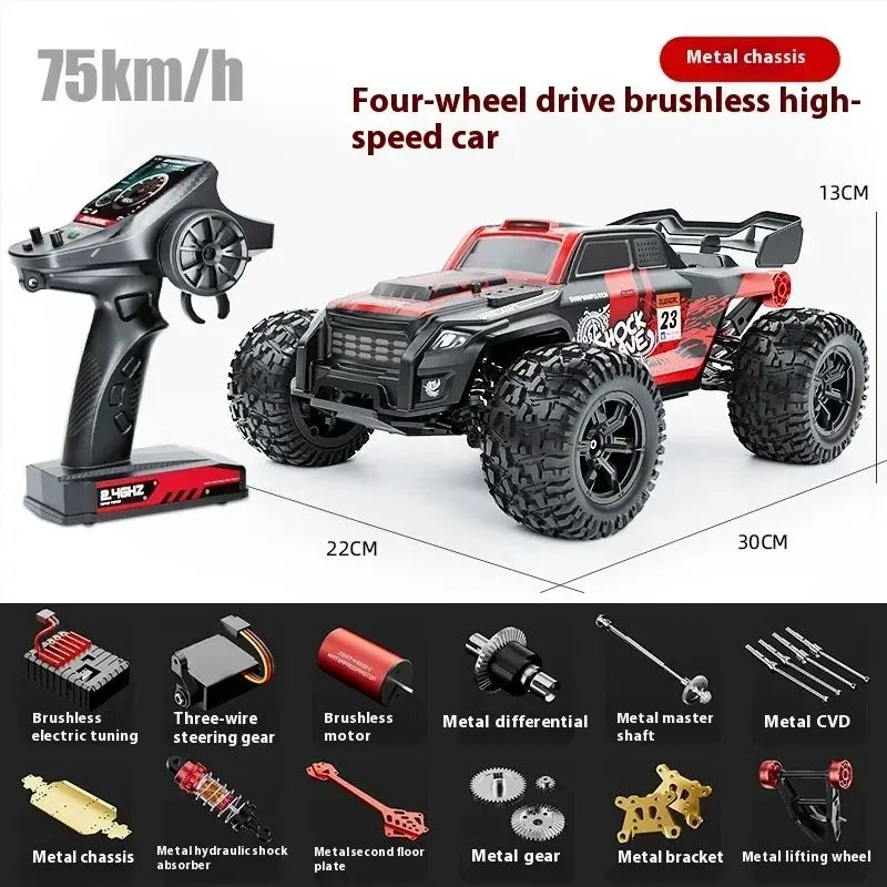 High-speed 4WD RC truck with metal chassis and remote control, reaching speeds of 75km/h, suitable for off-road adventures.
