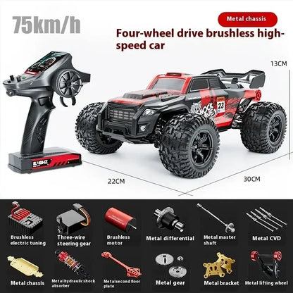 High-speed 4WD RC truck with metal chassis and remote control, reaching speeds of 75km/h, suitable for off-road adventures.