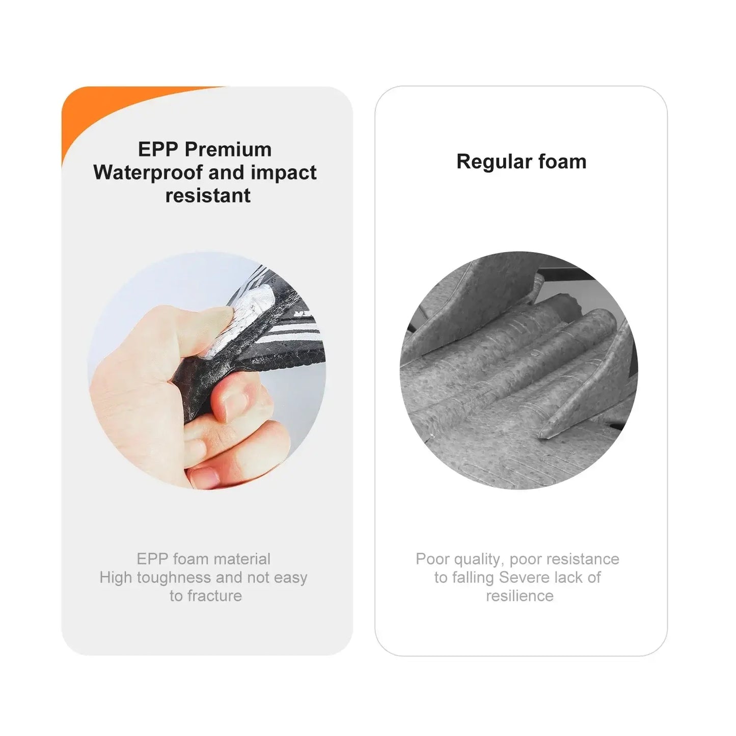 Comparison of EPP foam versus regular foam highlighting durability of YP3 foam aircraft drone.