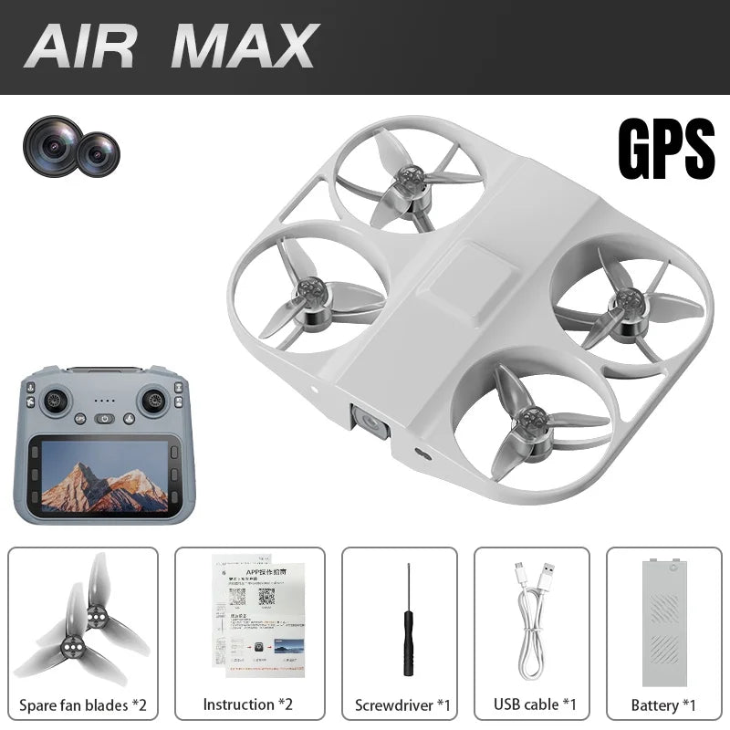 2026 Mini Thin Drone GPS Airmax Neo with remote, spare parts, and accessories for professional aerial photography.