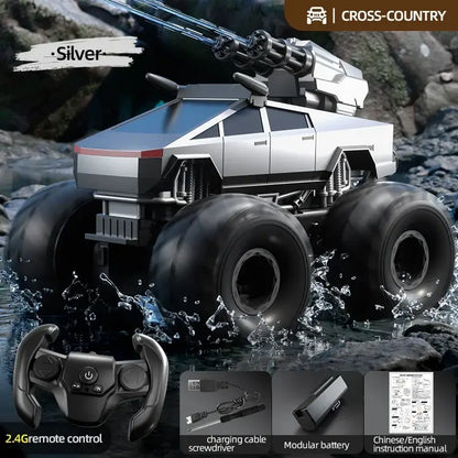 RC Car Amphibious Climbing Off-Road Drift Vehicle in silver, featuring oversized wheels and wireless remote control.