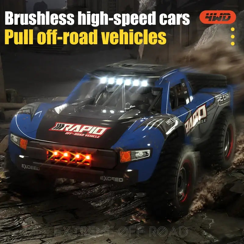 JJRC Q130 RC Car 2.4G 4x4 Off-Road 1:14 High Brushless Speed in action with LED lights on rugged terrain.