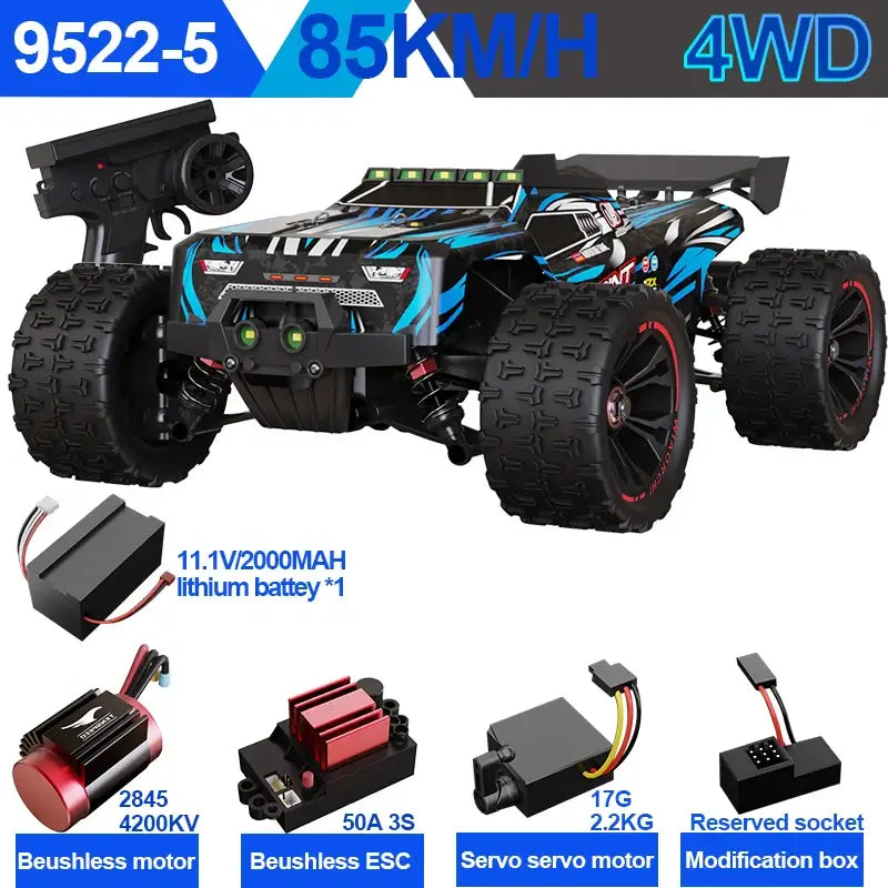 PRO 85KMH High Speed RC Car displayed with components and remote control, showcasing 4WD capabilities and off-road design.