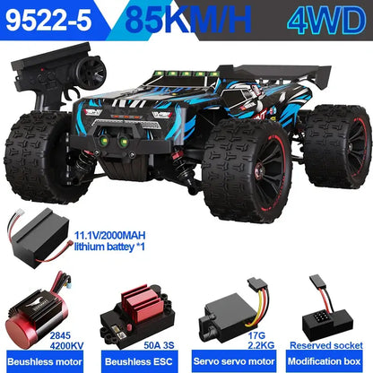 PRO 85KMH High Speed RC Car displayed with components and remote control, showcasing 4WD capabilities and off-road design.