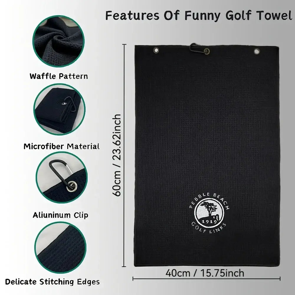 Features of Embroidered 1919 Golf Towel with clip, microfiber material, waffle pattern, and delicate stitching edges.
