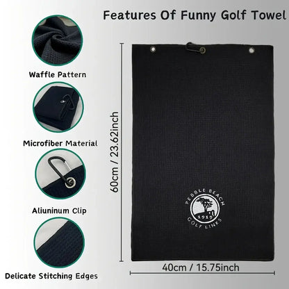 Features of Embroidered 1919 Golf Towel with clip, microfiber material, waffle pattern, and delicate stitching edges.