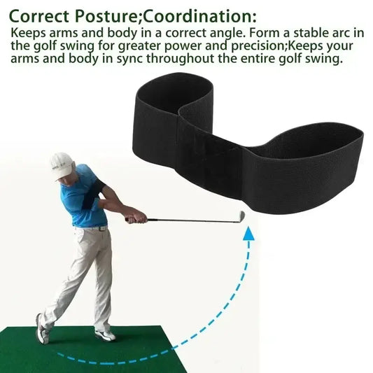 Professional Elastic Golf Swing Trainer Arm Band demonstrating correct posture and coordination for an effective golf swing.