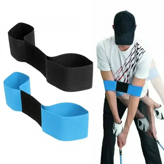 Professional Elastic Golf Swing Trainer Arm Band in black and blue colors, demonstrating use by a golfer in action.