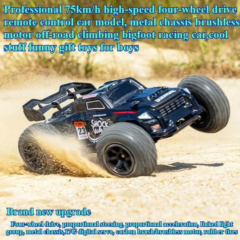High-speed 4WD RC truck racing on dirt, featuring a durable metal chassis and brushless motor, reaching speeds of 75km/h.