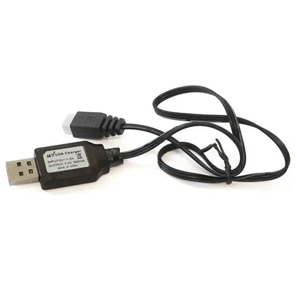 High-speed 4WD RC truck USB charger cable for quick battery charging.