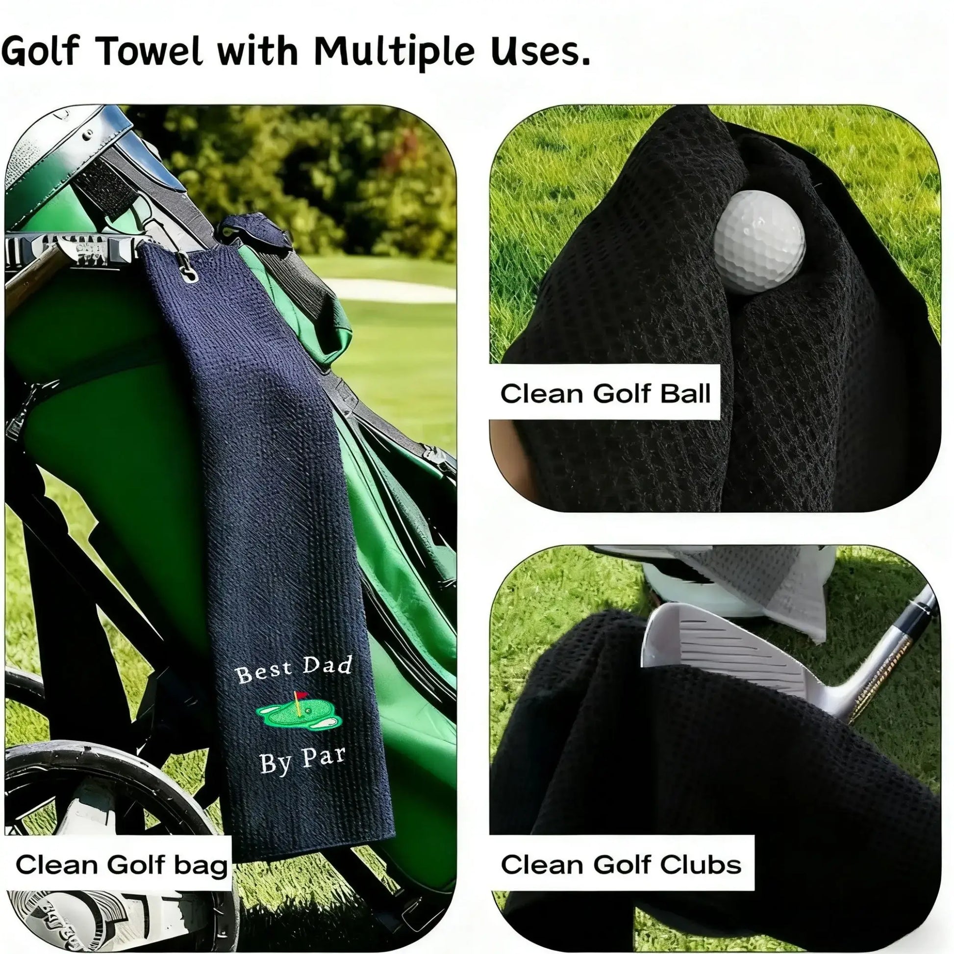 Microfiber Premium Golf Towel, Embroidered Golf Towels showcasing multiple uses for cleaning golf clubs and balls.