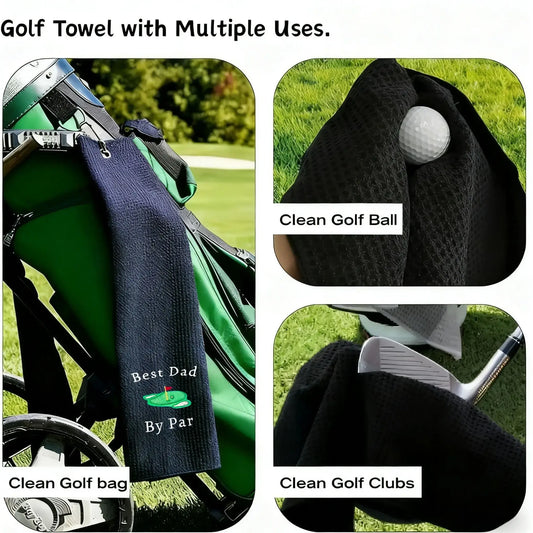 Microfiber Premium Golf Towel, Embroidered Golf Towels showcasing multiple uses for cleaning golf clubs and balls.