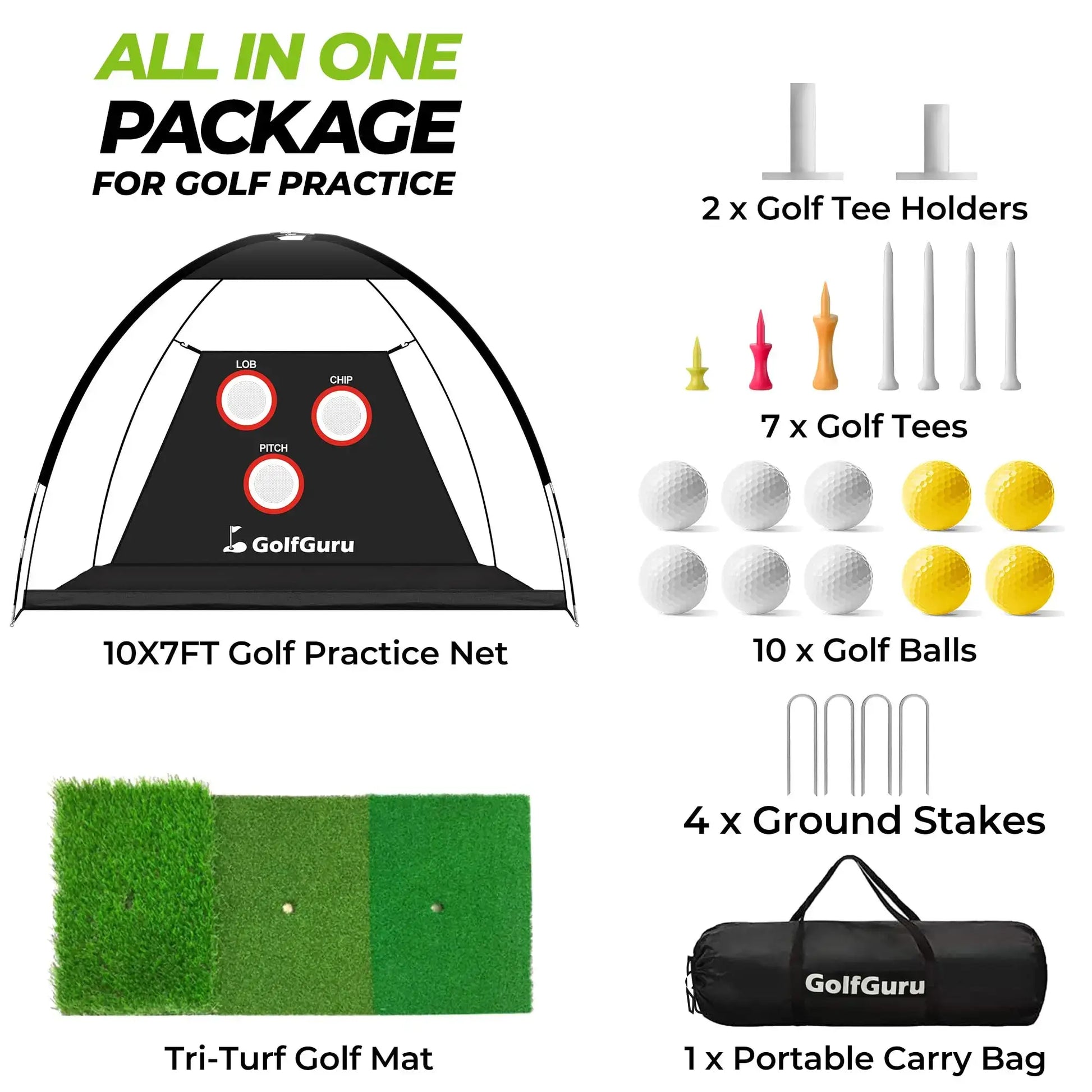 Professional Golf Practice Net kit including net, golf balls, tees, turf mat, and carry bag for indoor and outdoor use.