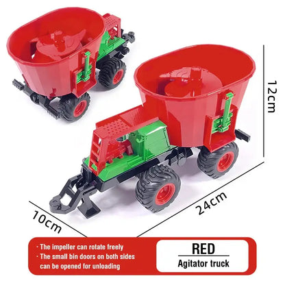 Remote Control Tractor RC Farmer Car Toys Set with red agitator truck for children, featuring rotating impeller and unloadable doors.