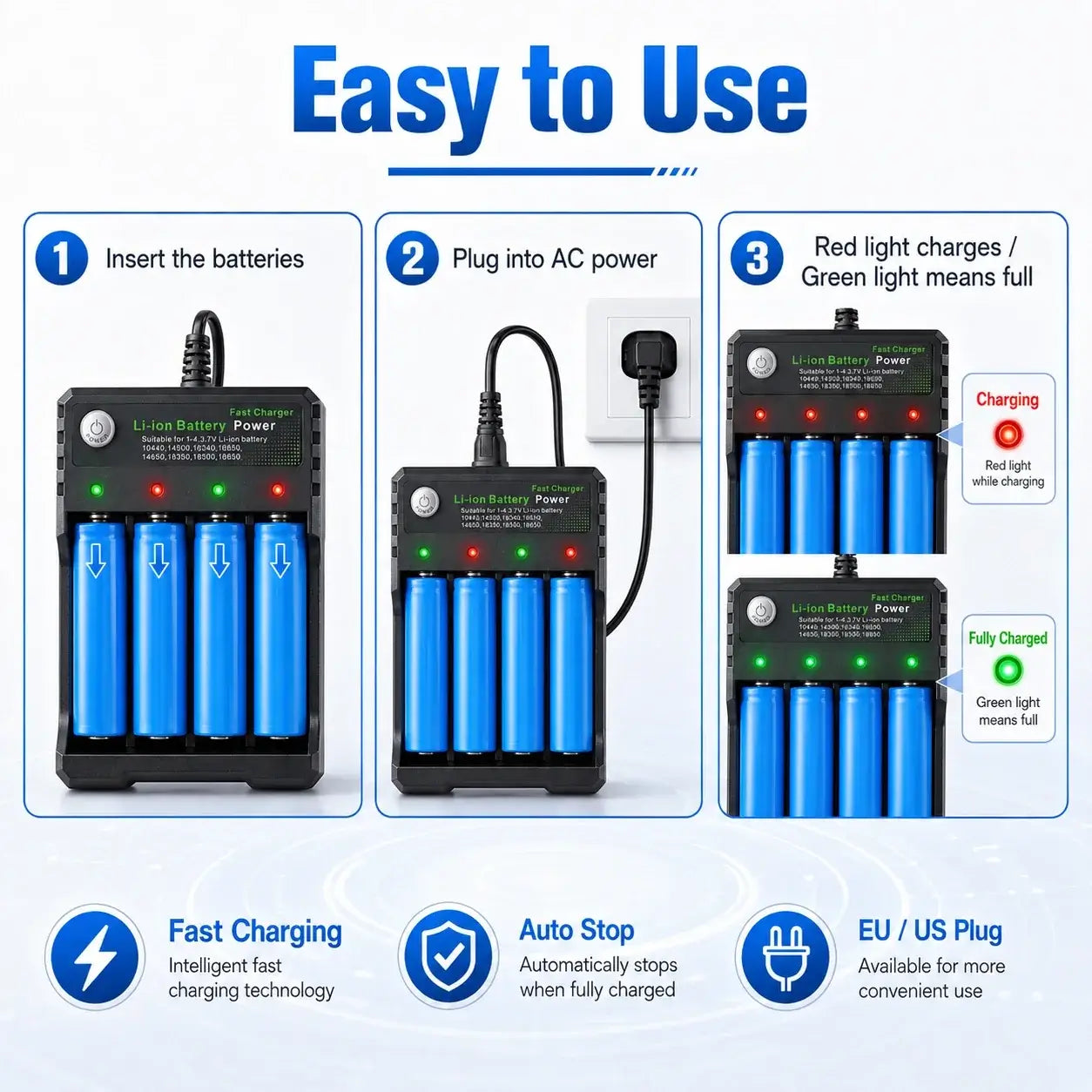 Battery Charger 4 Slots AC showing easy steps to charge 18500 batteries with indicators for charging status.