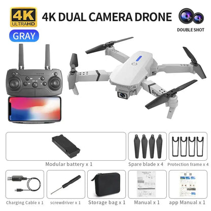Professional mini drone with obstacle avoidance E88, featuring dual 4K cameras and remote control.
