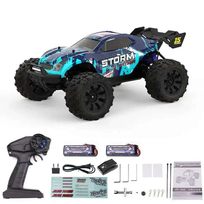 Lithium Battery RC Truck with remote control, two batteries, and accessories for high-speed off-road racing.