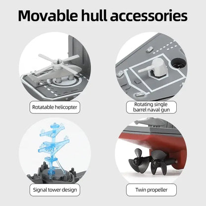 High-Speed Remote Control Ship featuring movable hull accessories including rotatable helicopter and twin propeller.