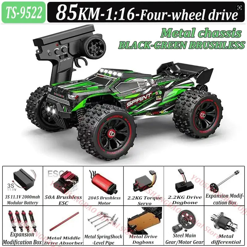 RC Car 80 Kilometers or 50 Kilometers Per Hour 4WD with LED lights and metal chassis in black and green color.