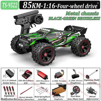 RC Car 80 Kilometers or 50 Kilometers Per Hour 4WD with LED lights and metal chassis in black and green color.