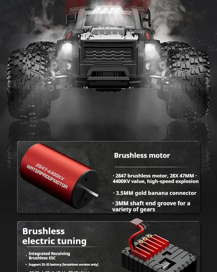 High-speed 4WD RC truck featuring a brushless motor and electric tuning for enhanced performance.