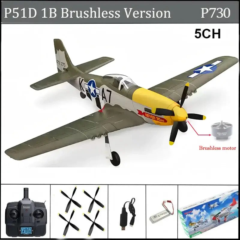 RC Airplane P51D Mustang RTF RC Plane 5CH 3D/6G Fixed-wingRC Airplane P51D Mustang RTF Experience authentic aerobatic flight with this 5-channel RC plane featuring dual flight modes—3D for aggressive maneuvers and 6G for stable, beginner-friendly control.