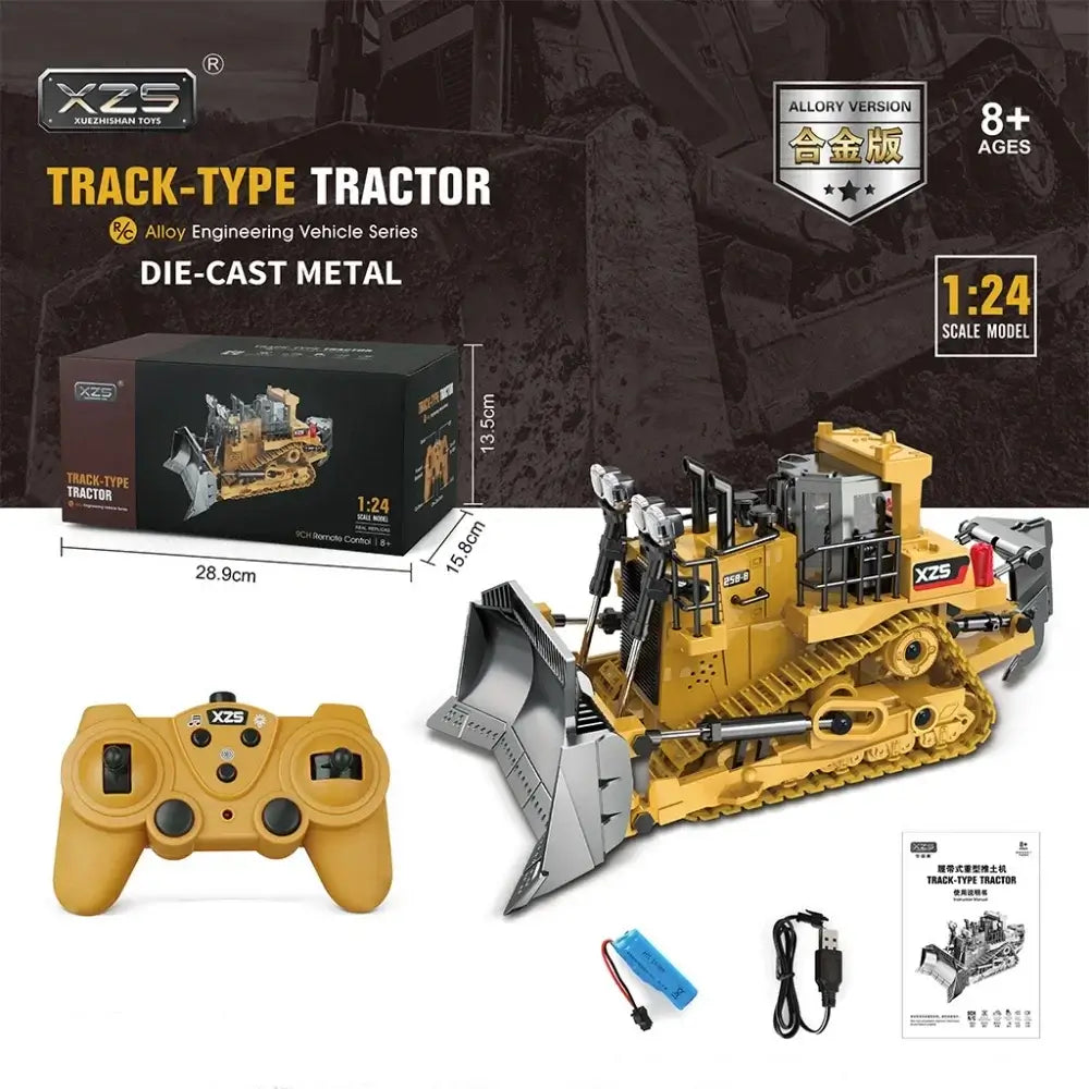 RC bulldozer remote control truck model with controller, showing detailed die-cast metal design and scale of 1:24.