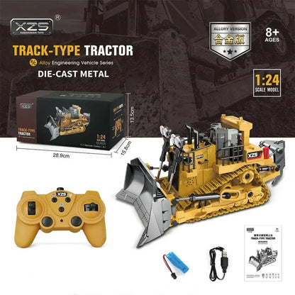 RC bulldozer remote control truck model with controller, showing detailed die-cast metal design and scale of 1:24.
