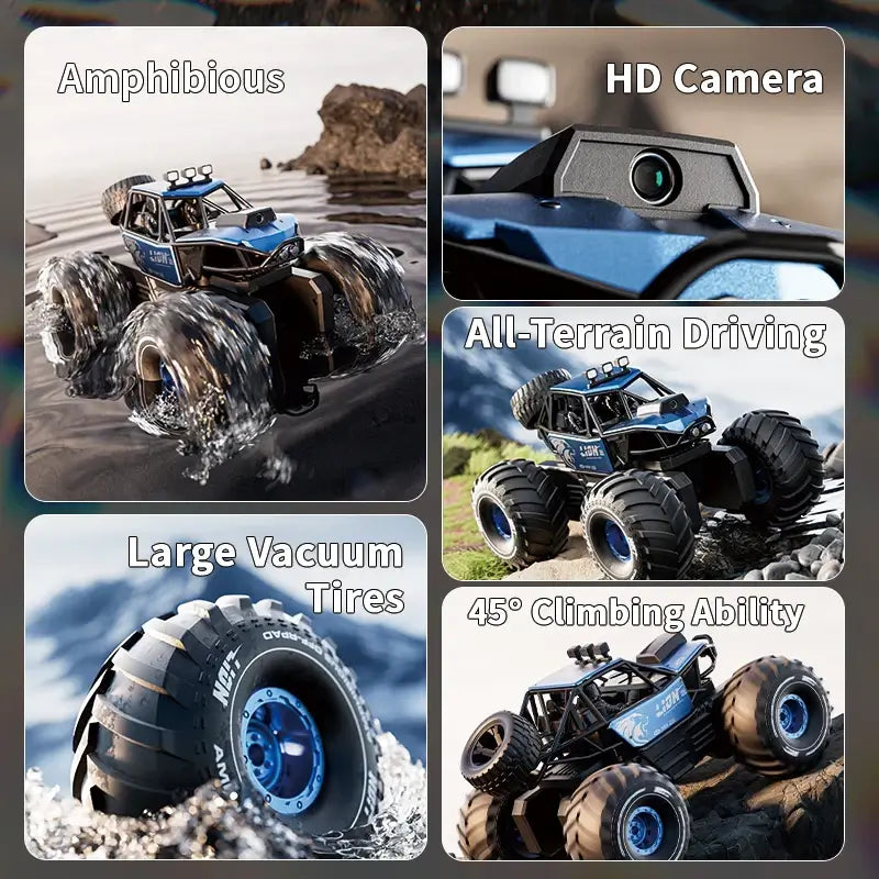 Amphibious remote control car for kids showcasing HD camera, all-terrain driving, large vacuum tires, and 45° climbing ability.
