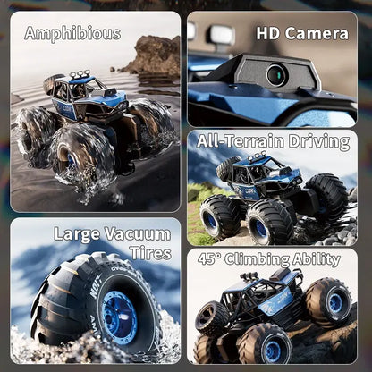 Amphibious remote control car for kids showcasing HD camera, all-terrain driving, large vacuum tires, and 45° climbing ability.