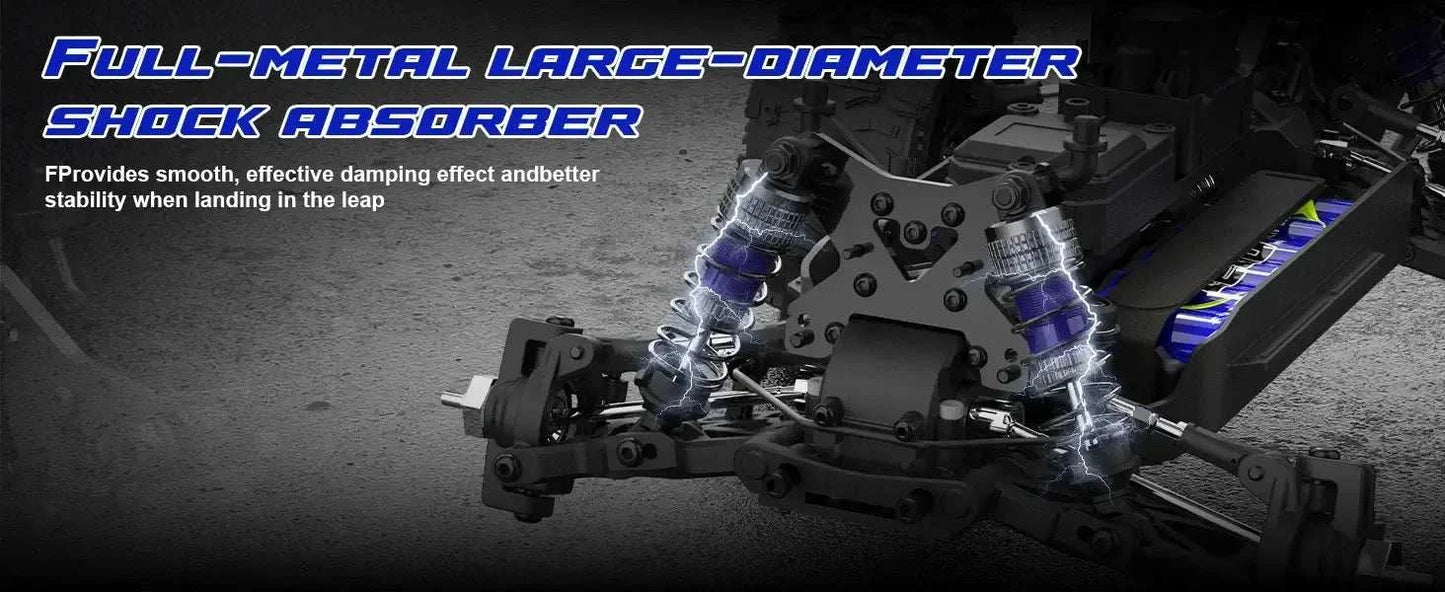Full-metal large-diameter shock absorber for Lithium Battery RC Truck ensures stability and smooth performance on rough terrains.
